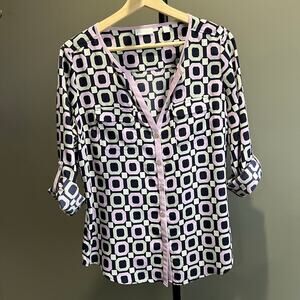 New York and Company Purple & Gray Geometric Pattern Blouse Top Size Medium